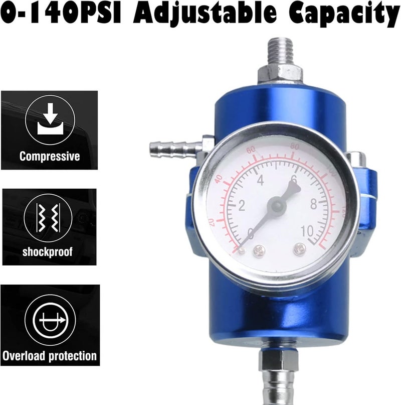 BARTOO Universal Adjustable Fuel Pressure Regulator Kit, Aluminum Fuel Regulator,Adjustable Gas Oil Injection Pressure Regulator with 0-140 PSI Gauge -Blue - Image 3